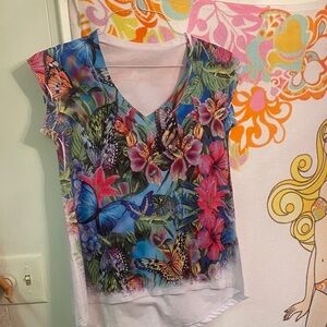 Vibrant Floral Butterfly V-Neck Tee